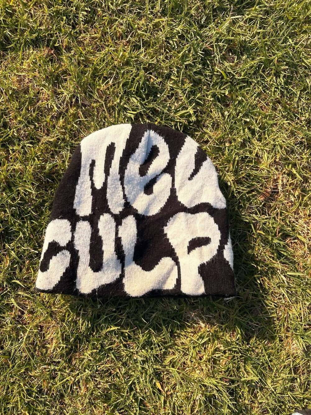 Mea Culpa Black and White Y2K Graphic Knit Beanie